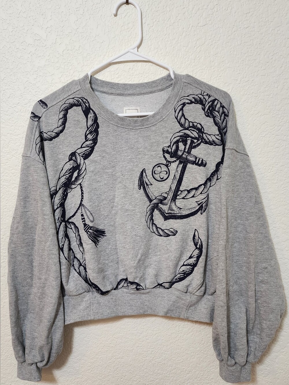 ANTHROPOLOGIE Maeve XS Grey Nautical Anchor Puff Sleeve Cropped Sweatshirt EUC